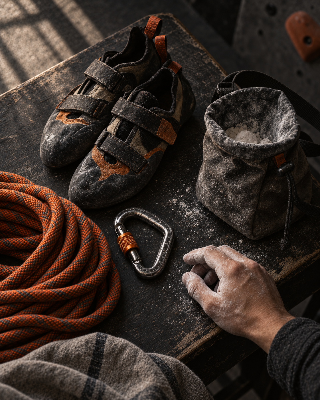 Climbing shoes, chalk bag, rope, and a carabiner on a worn bench