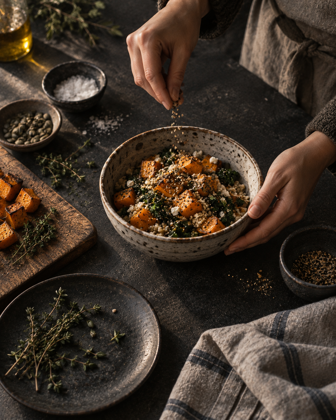 Hands finishing a rustic bowl of roasted squash and grains