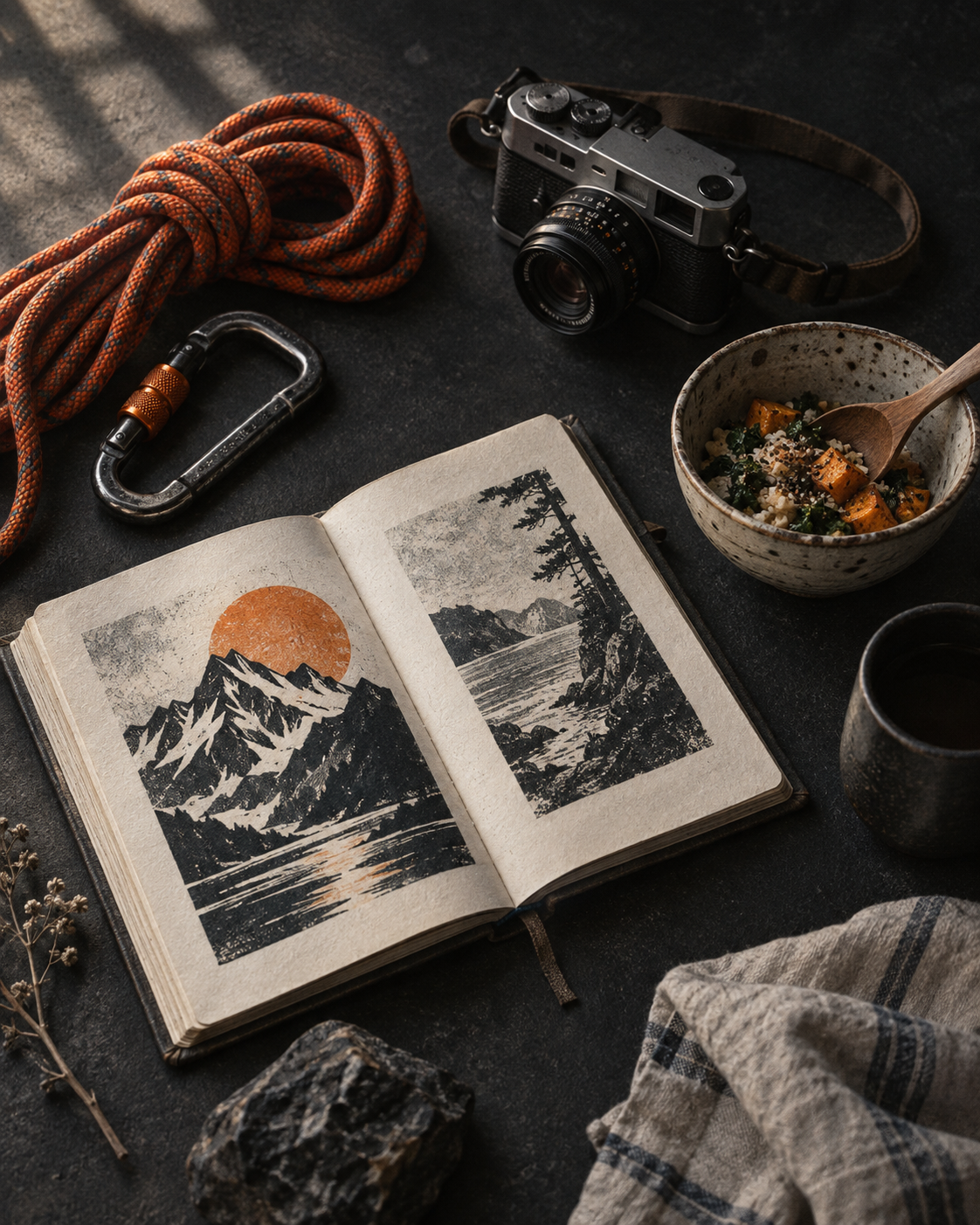 Climbing gear, a camera, sketchbook, and a shared meal on a dark table