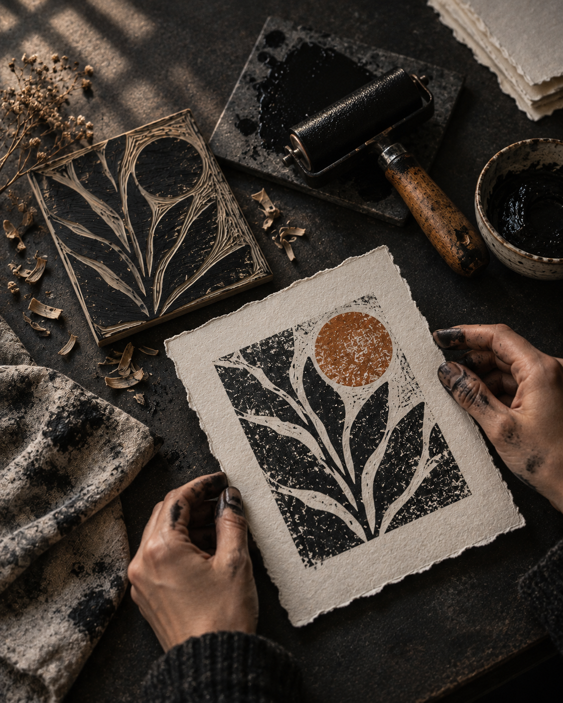 A handmade botanical print, carved block, and ink roller