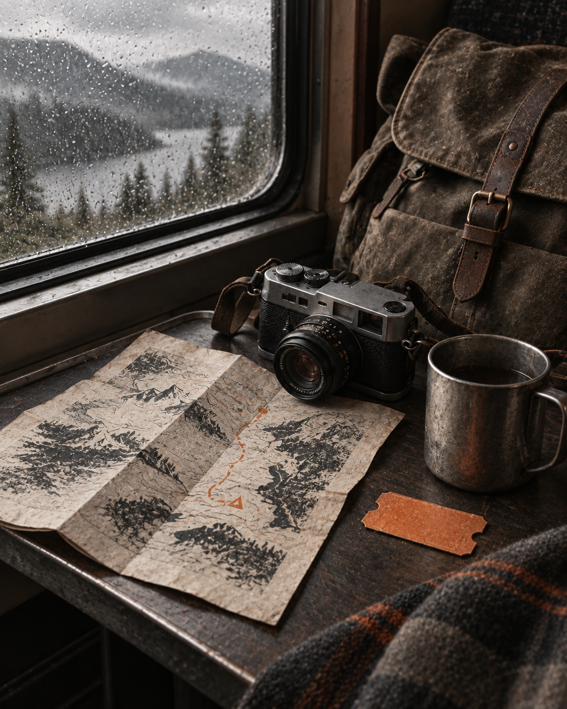 A camera, map, and canvas bag beside a rain-speckled train window