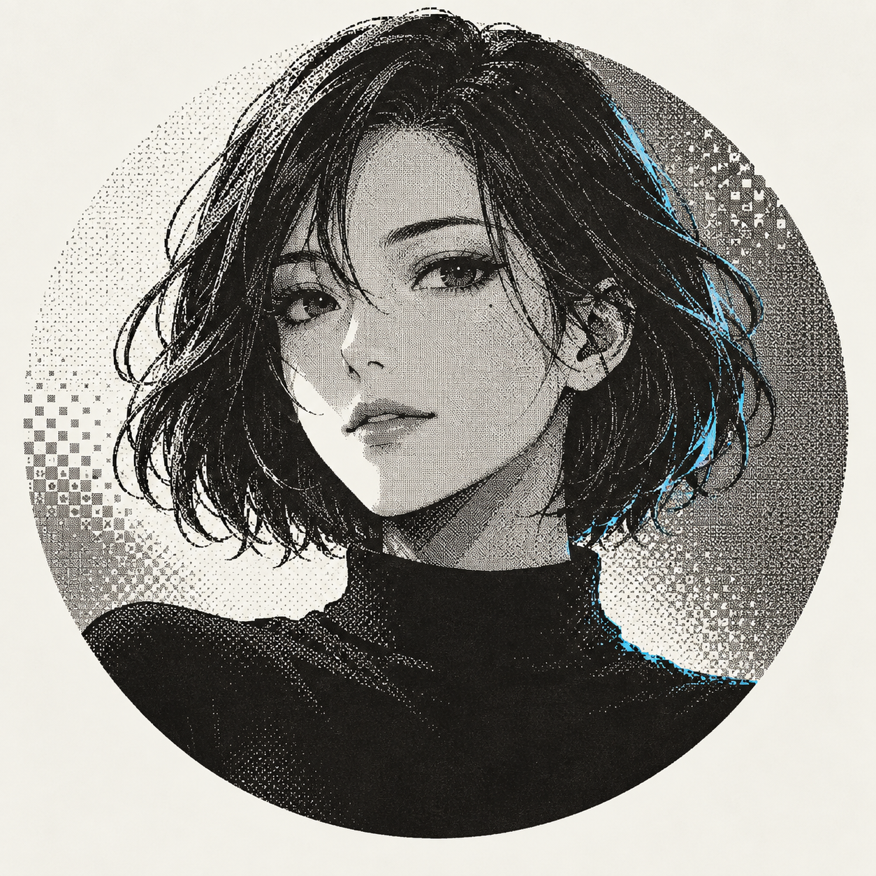 Dithered illustrated portrait of Avery Chen
